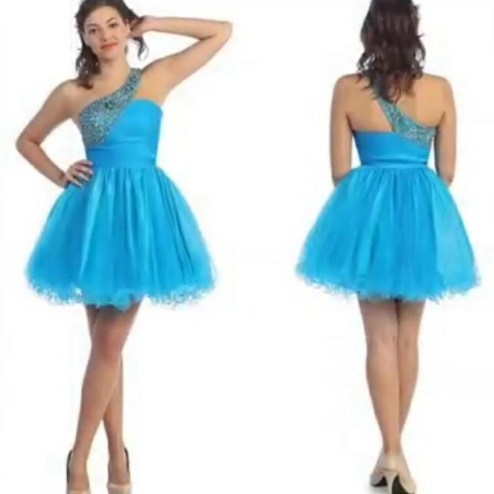 One strap short hoco turquoise blue homecoming prom dress L